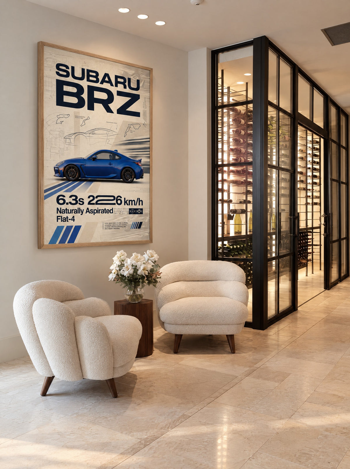 Subaru BRZ met natuur houten lijst aan de muur in een woonkamer