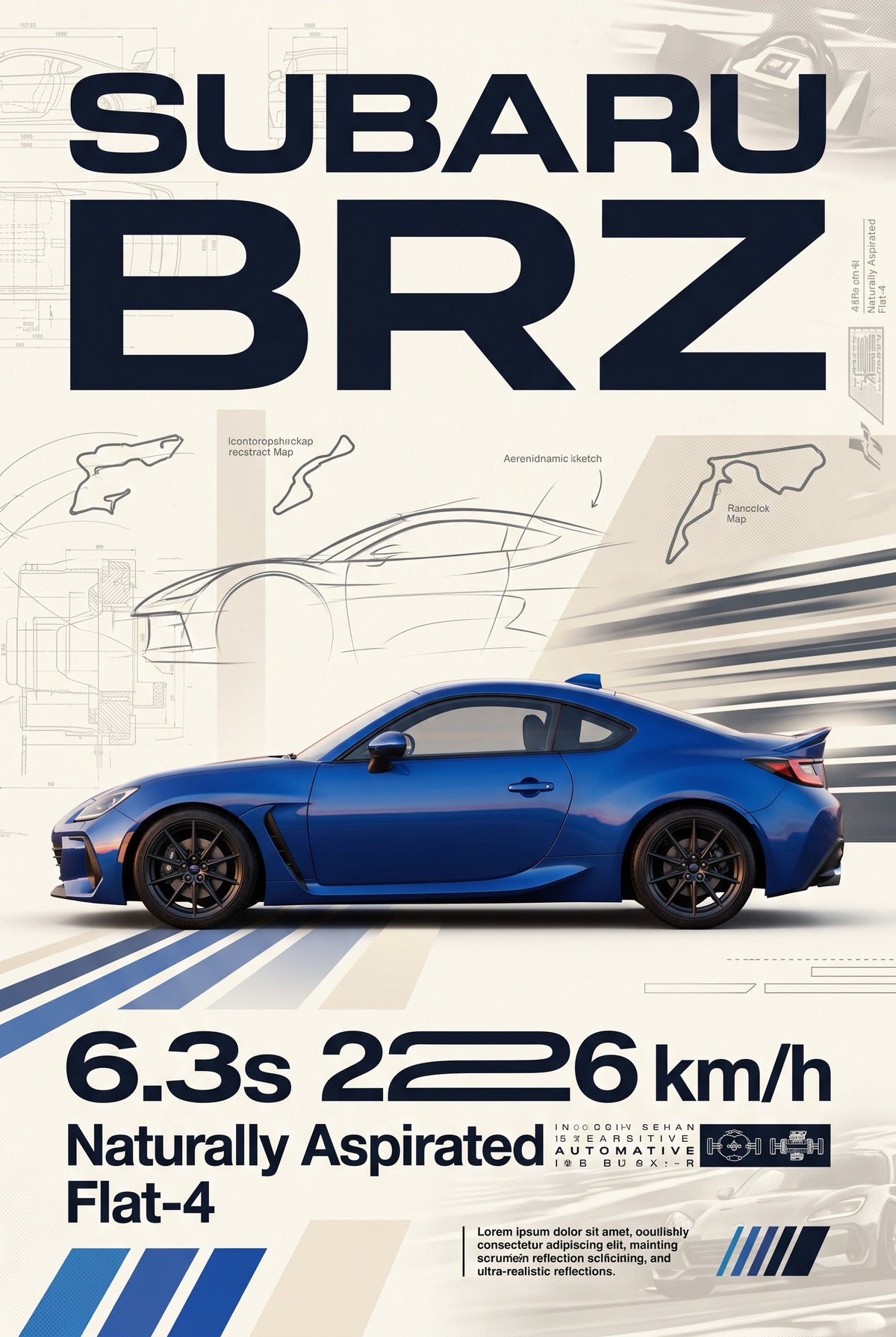 Poster van een blauwe Subaru BRZ in zijaanzicht met grote letters, schetsen en blauwe strepen op crèmekleurige achtergrond.