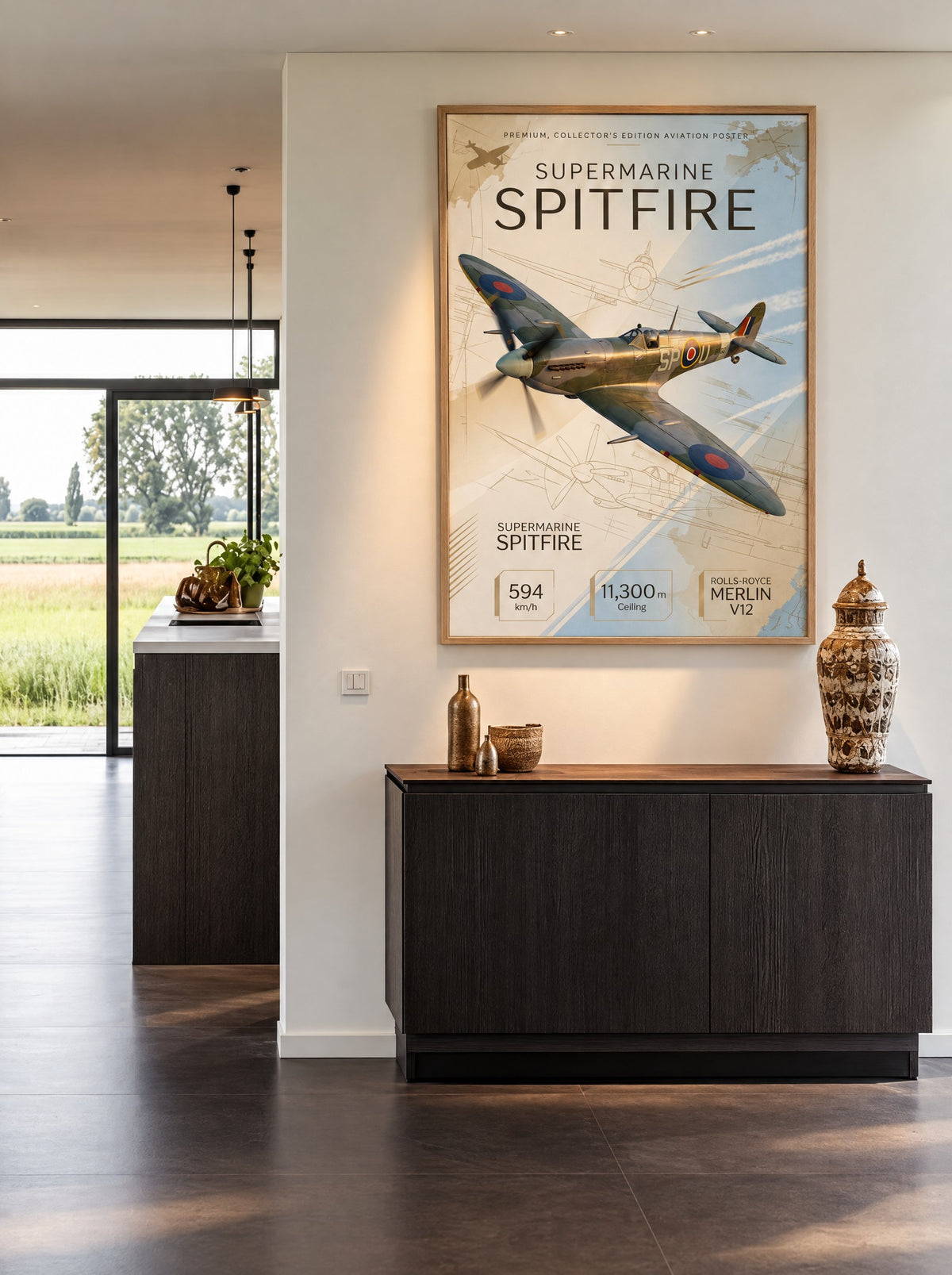 Supermarine Spitfire met natuur houten lijst aan de muur in een woonkamer
