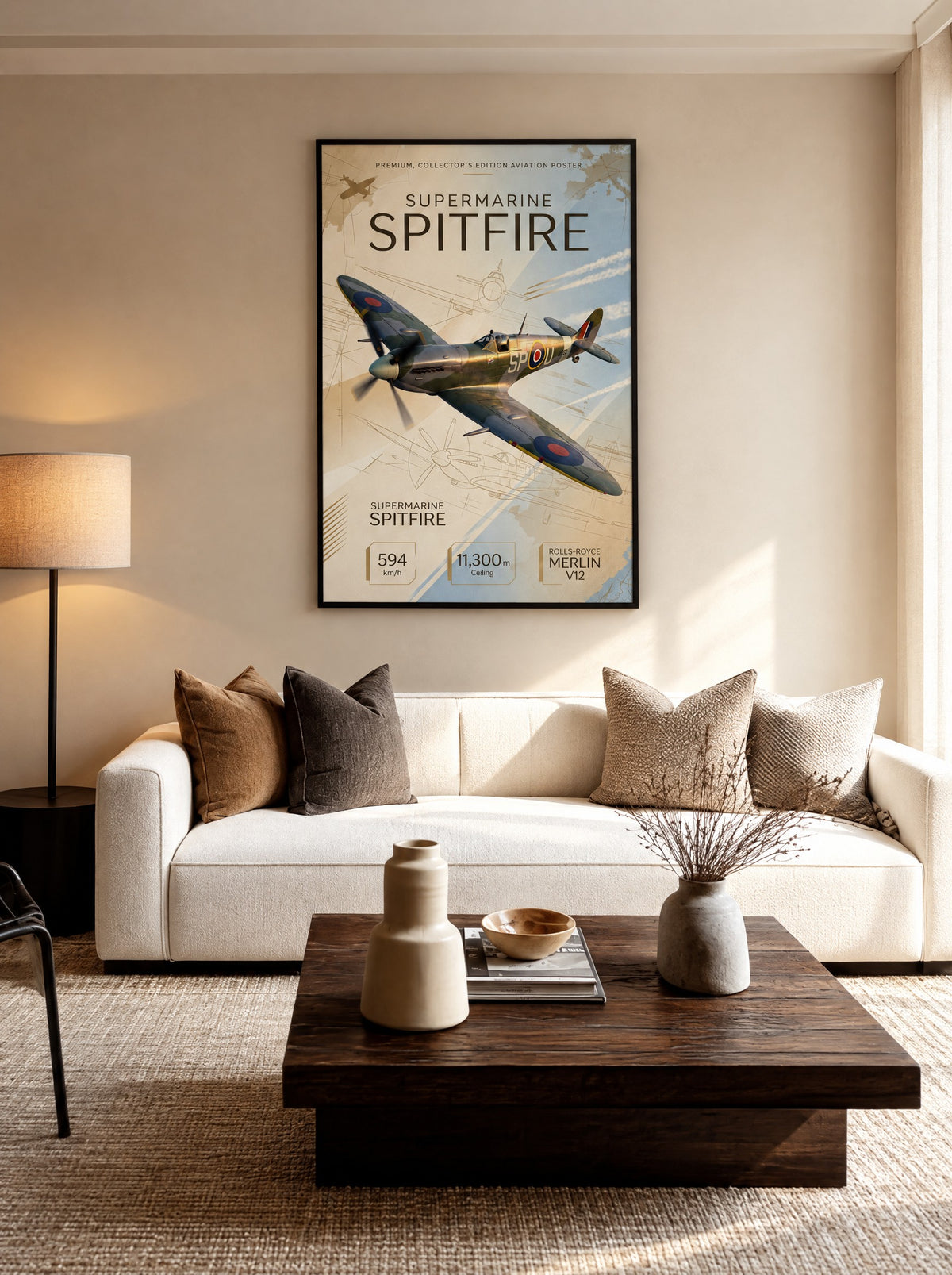 Supermarine Spitfire met zwarte lijst aan de muur in een werkkamer