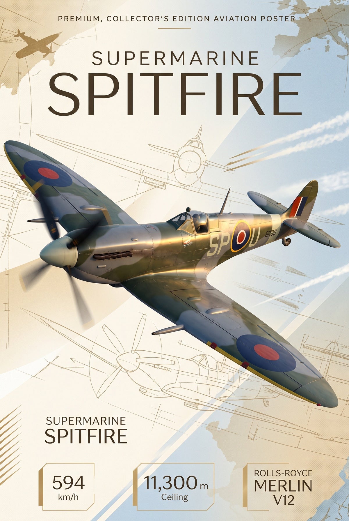 Poster van een Supermarine Spitfire in camouflagegroen in een lichtblauwe lucht, met gouden blauwdrukken en een kaartje.