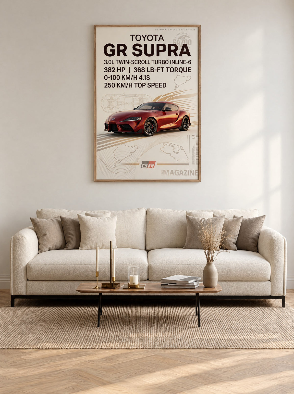 Toyota GR Supra met natuur houten lijst aan de muur in een woonkamer