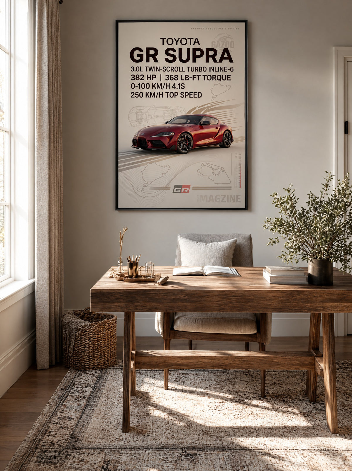 Toyota GR Supra met zwarte lijst aan de muur in een werkkamer
