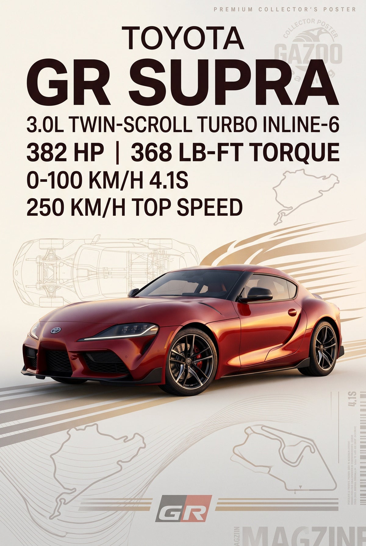 Poster van een rode Toyota GR Supra op crèmekleurige achtergrond met gouden snelheidsstrepen en tekst over de motor.