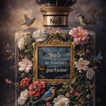 Parfum de Bloemen No.5 wanddecoratie met chic parfumflesje omringd door bloemen
