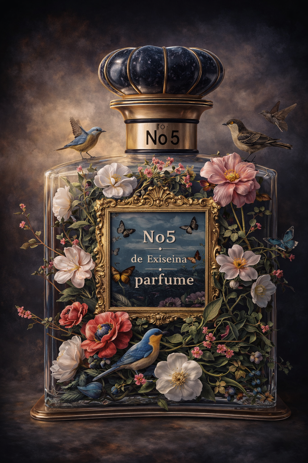 Parfum de Bloemen No.5 wanddecoratie met chic parfumflesje omringd door bloemen