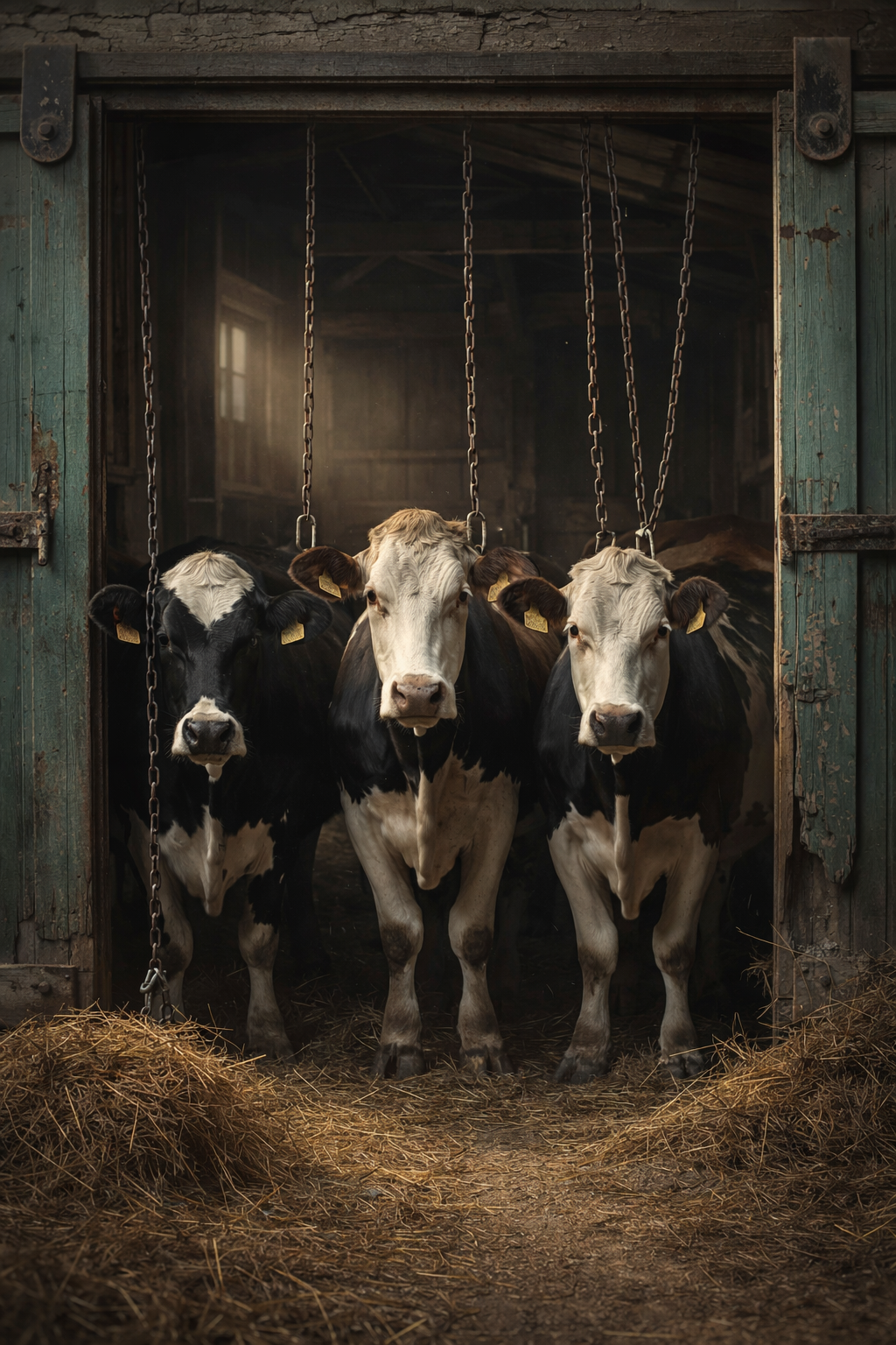 De Nachtploeg van Boer Bas wanddecoratie met boerderijdieren in het nachtelijk licht