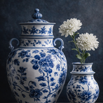 Delfts Duo in Bloei wanddecoratie met twee bloeiende bloemen in Delfts blauw