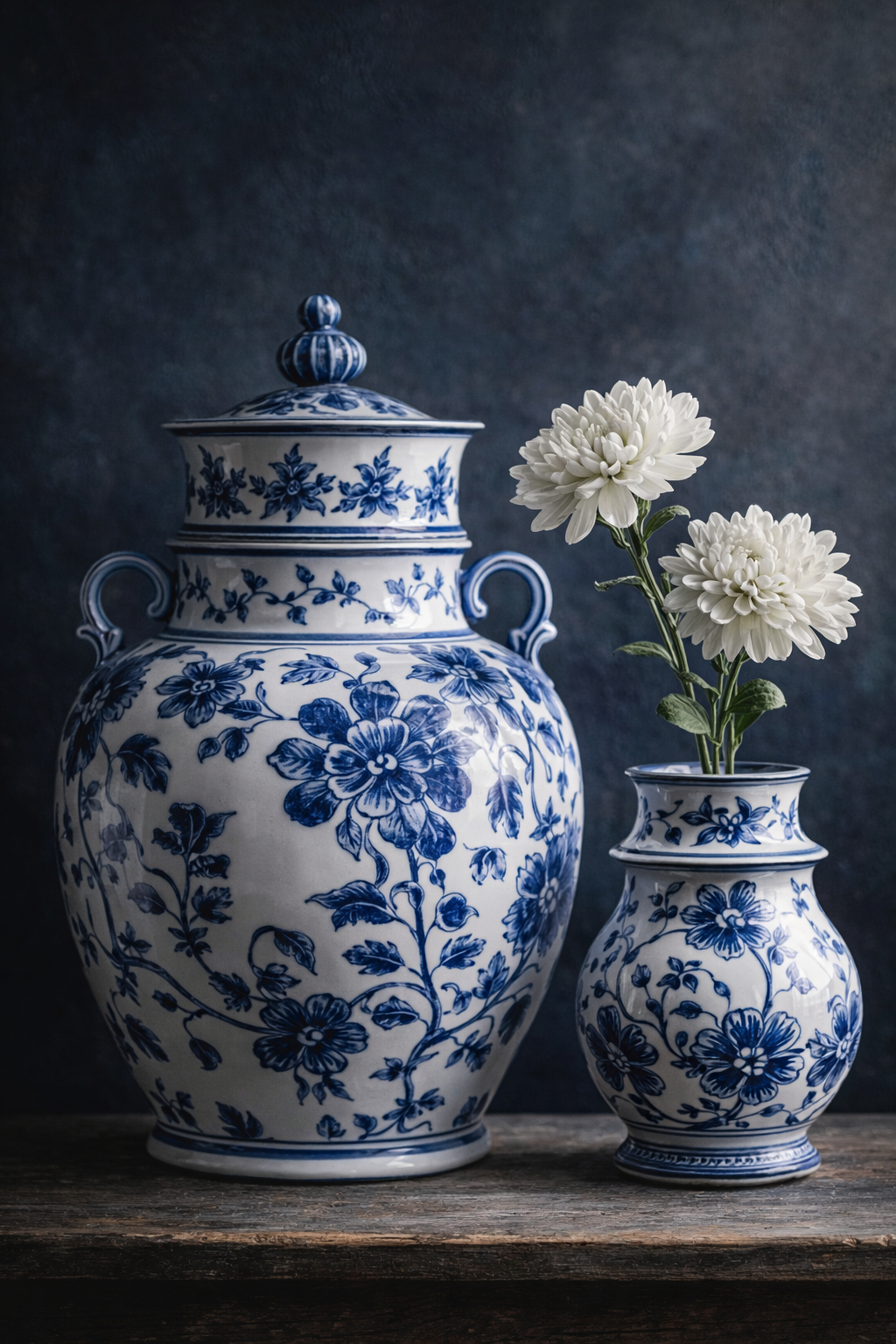 Delfts Duo in Bloei wanddecoratie met twee bloeiende bloemen in Delfts blauw