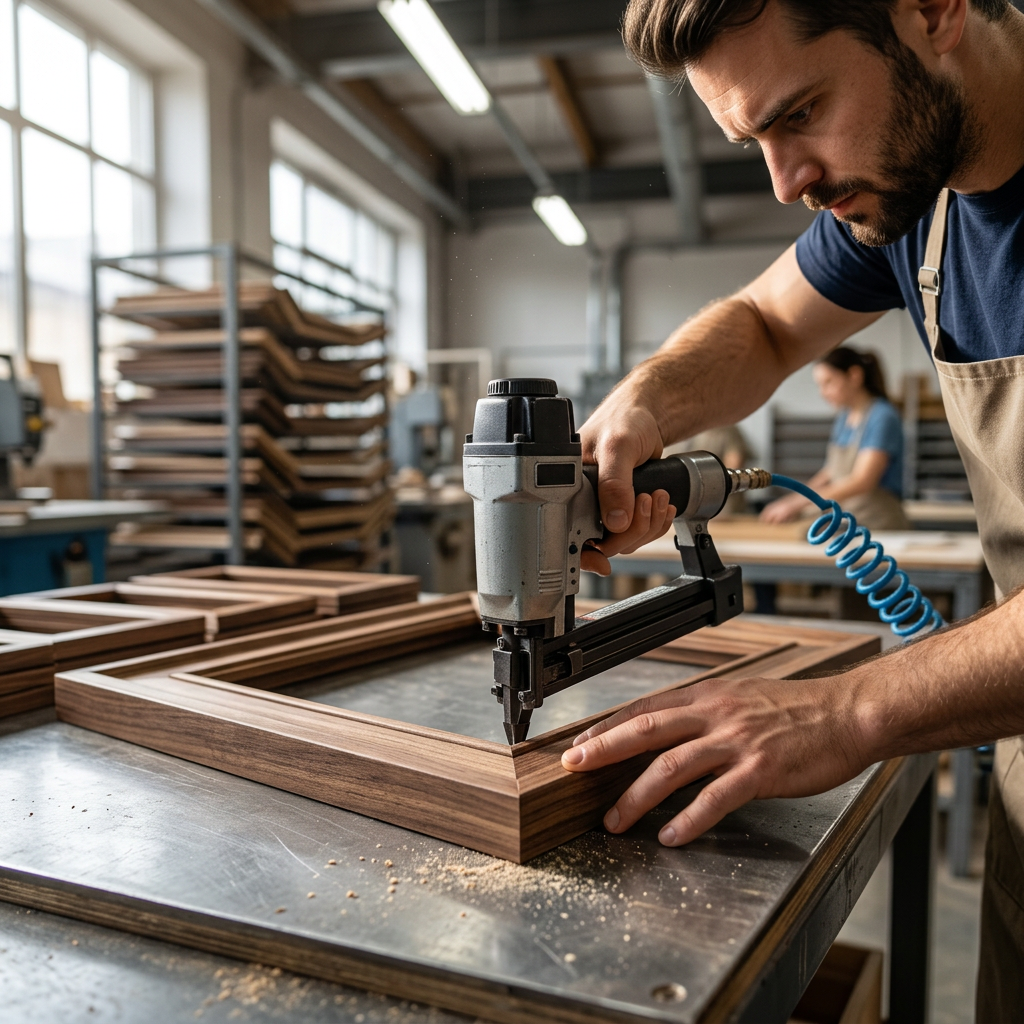 Vakman monteert een houten fotolijst met een spijkerpistool in het atelier