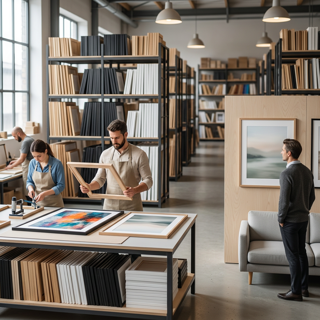 Atelier van Artifycanvas met rekken vol lijsten waar medewerkers kunst inlijsten