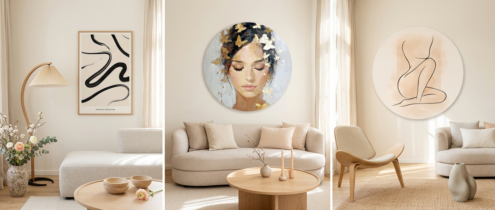 Lichte Japandi-woonkamer met drie wanddecoraties boven een bank