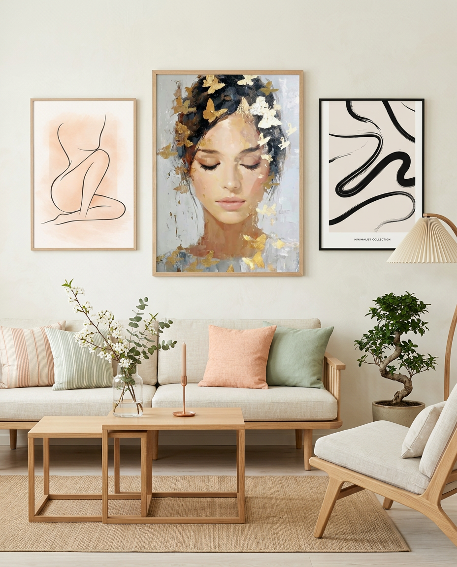 Scandinavische woonkamer met line-art, vrouwenportret en abstracte wanddecoratie boven een bank