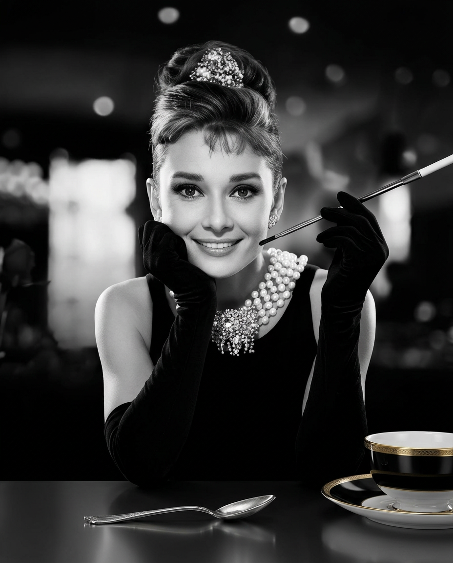 Zwart-wit portret van een elegante vrouw met parels en een sigarettenpijpje