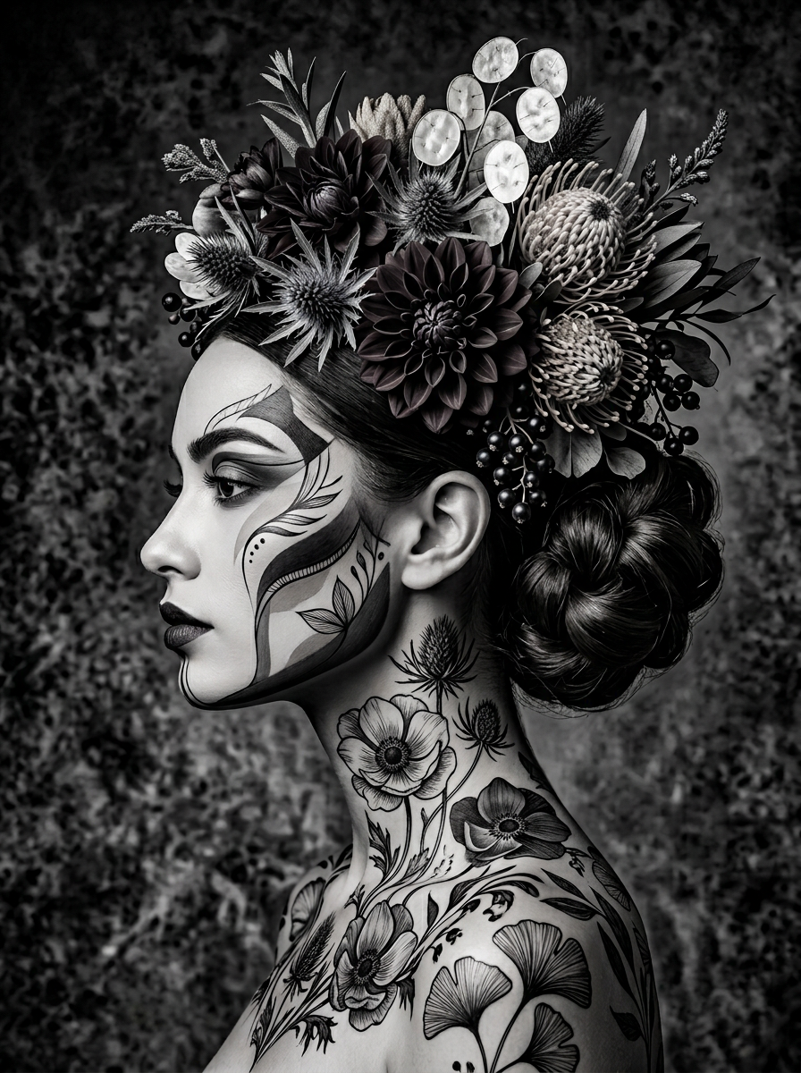 Flora Noir met Inktziel wanddecoratie met donkere bloemen in inktzwarte tinten