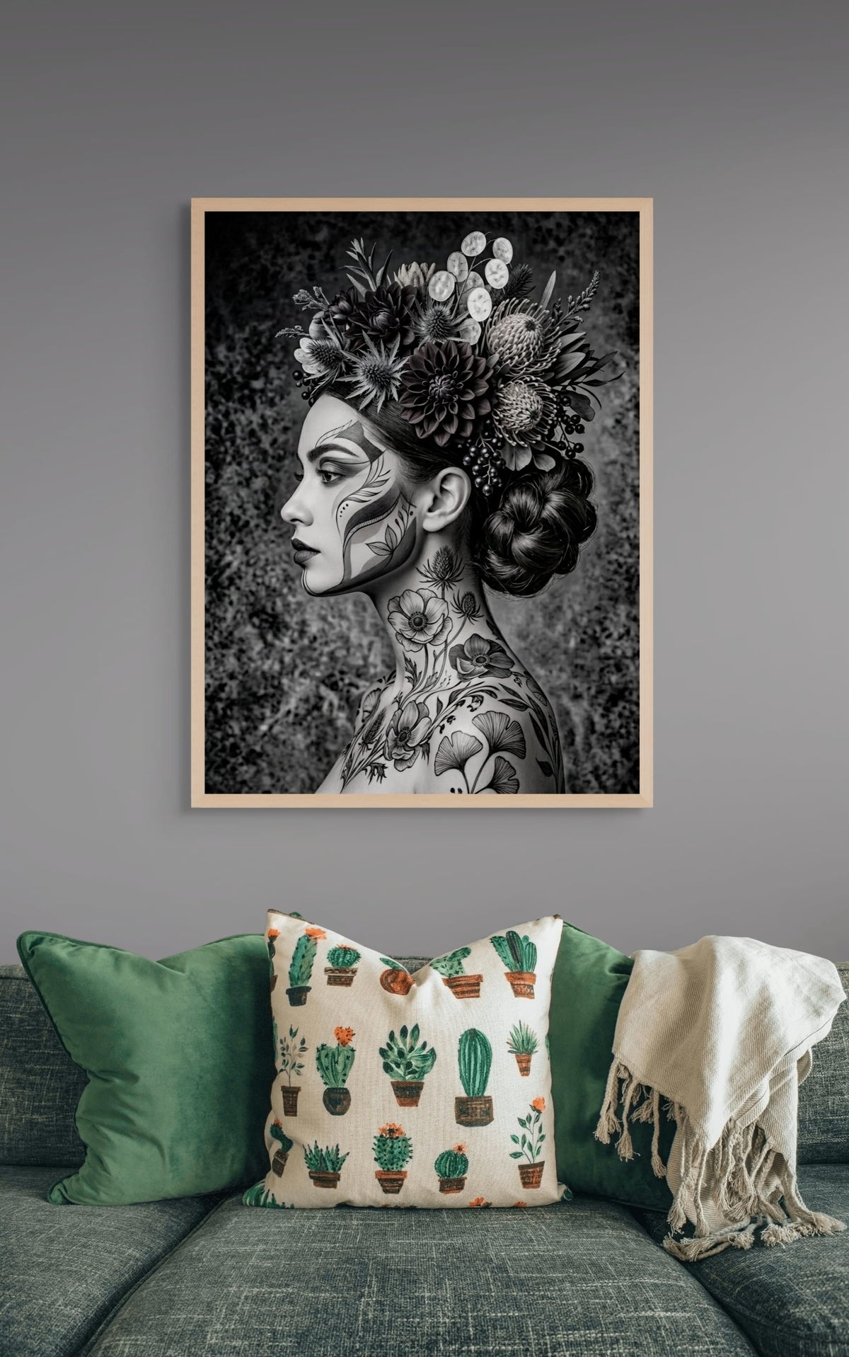 Flora Noir mit Tintenseele – Wandbild auf Leinwand, Aluminium oder Poster