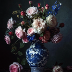 Fluweelrozen in Delftblauw wanddecoratie met weelderige rozen in klassiek Delfts blauw