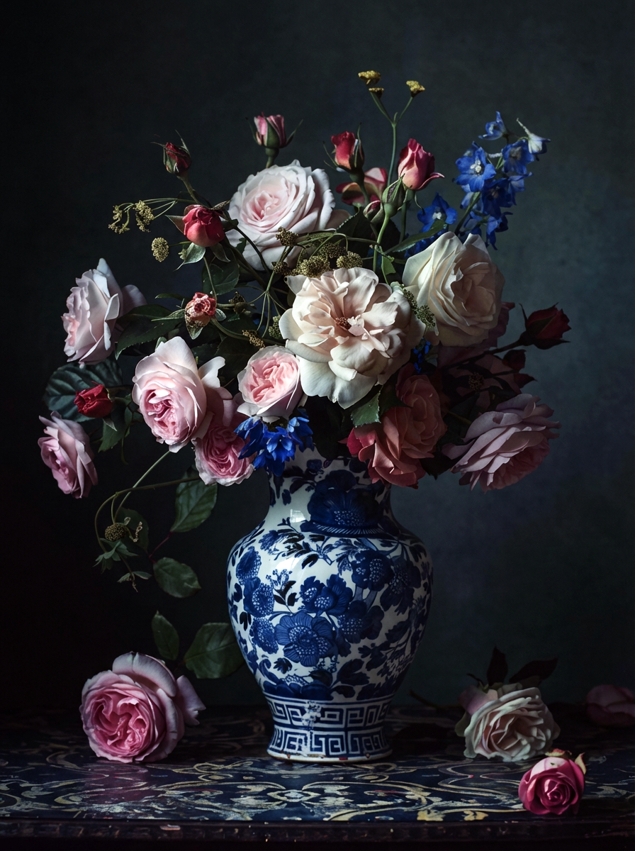 Fluweelrozen in Delftblauw wanddecoratie met weelderige rozen in klassiek Delfts blauw