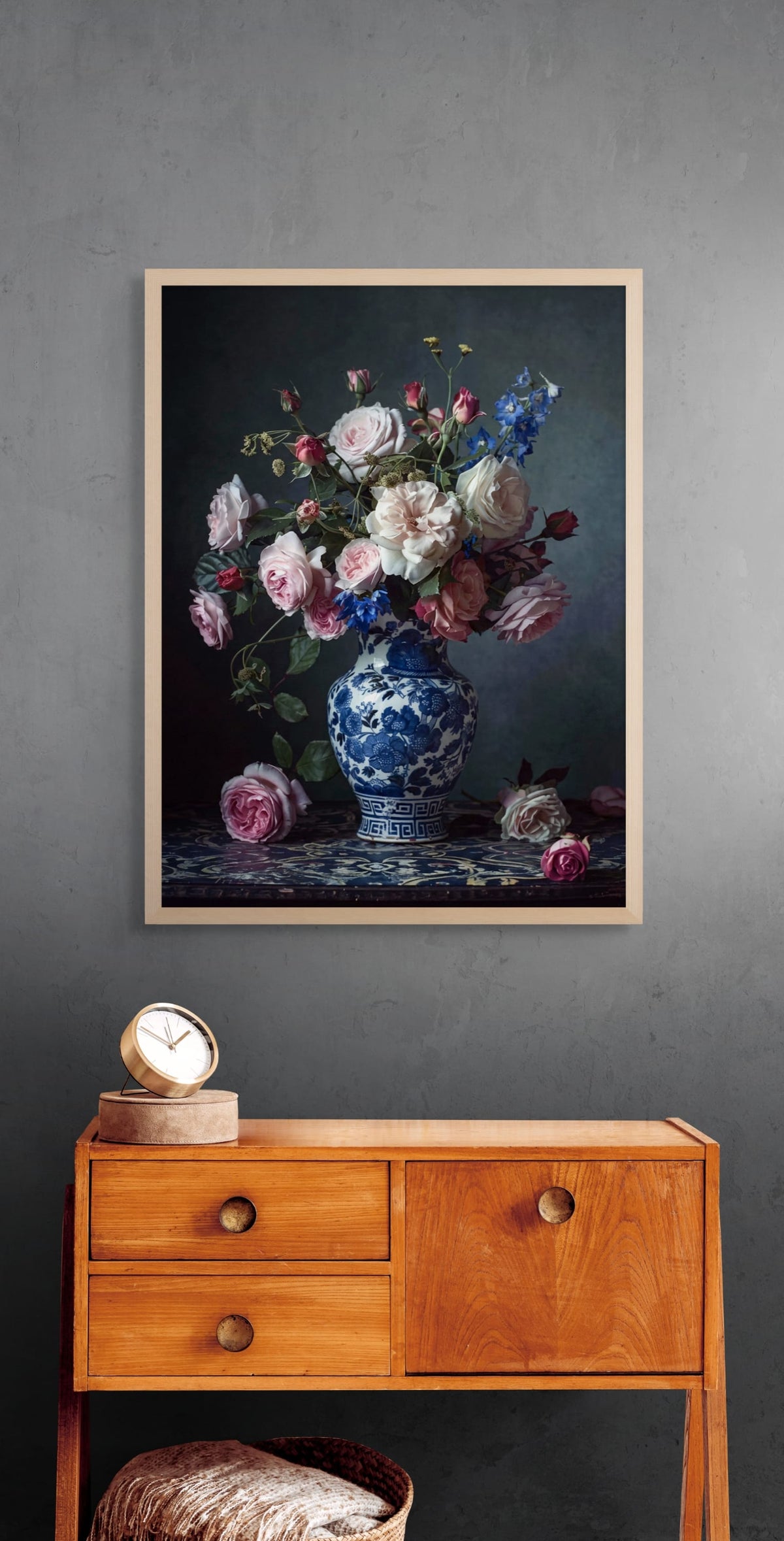 Fluweelrozen in Delftblauw wanddecoratie | ArtifyCanvas