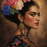Bloemenkoningin van Bombay wanddecoratie met vrouwenportret vol exotische bloemen