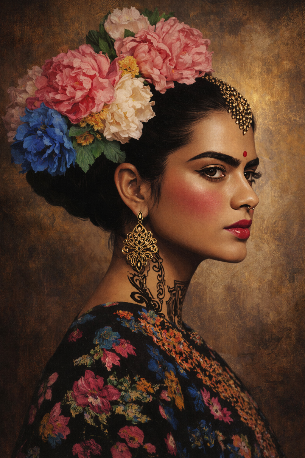 Bloemenkoningin van Bombay wanddecoratie met vrouwenportret vol exotische bloemen