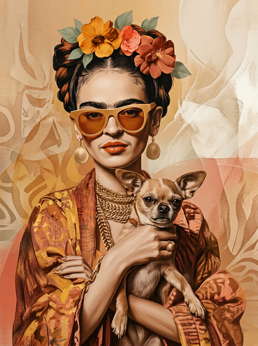 Frida met Chihuahua Chic wanddecoratie met speels portret van Frida en een chique chihuahua
