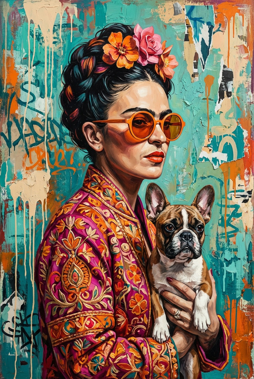 Frida in Straatrumoer wanddecoratie met kleurrijk portret temidden van levendig straatleven
