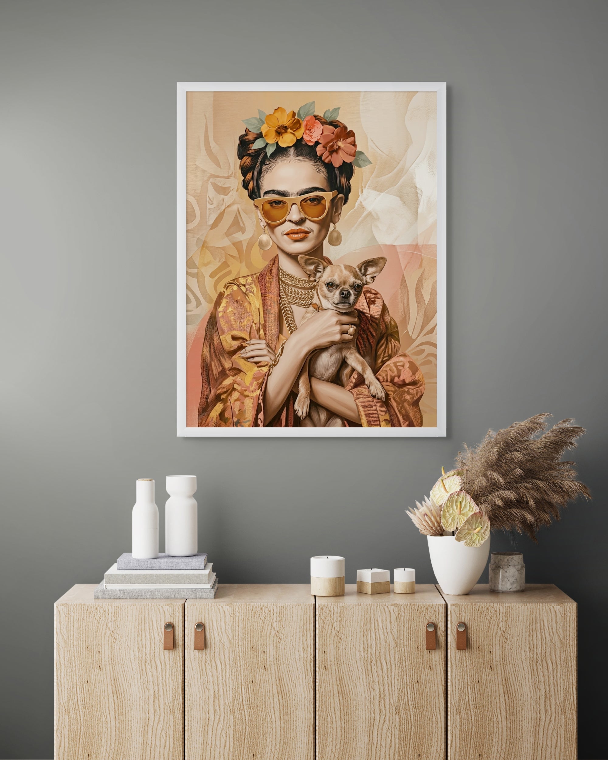 Frida Kahlo Stijl Wanddecoratie Chihuahua – Vrouw Dieren Canvas Print
