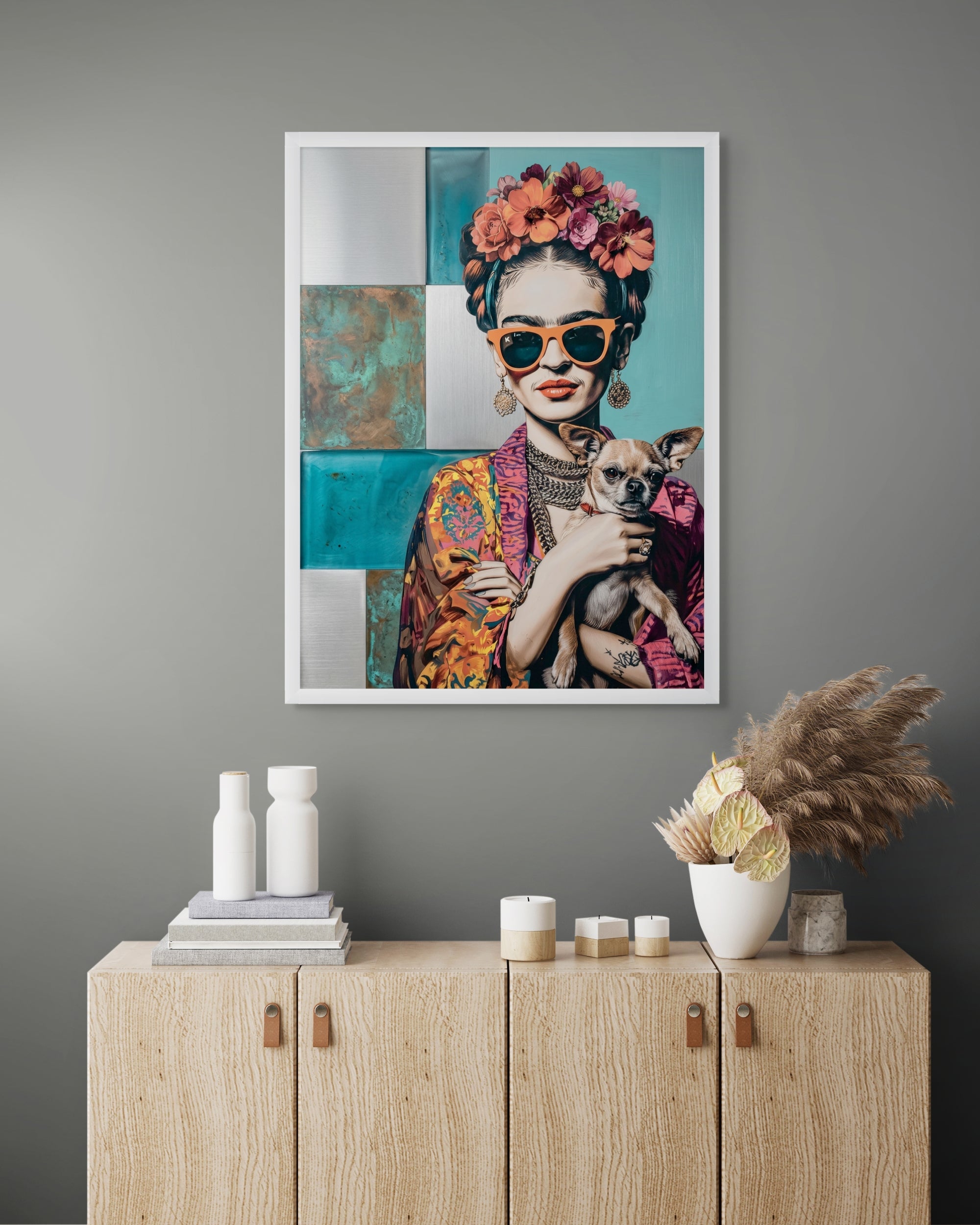 Frida Chihuahua Wanddecoratie – Kleurrijk Mexicaans Portret Canvas Print