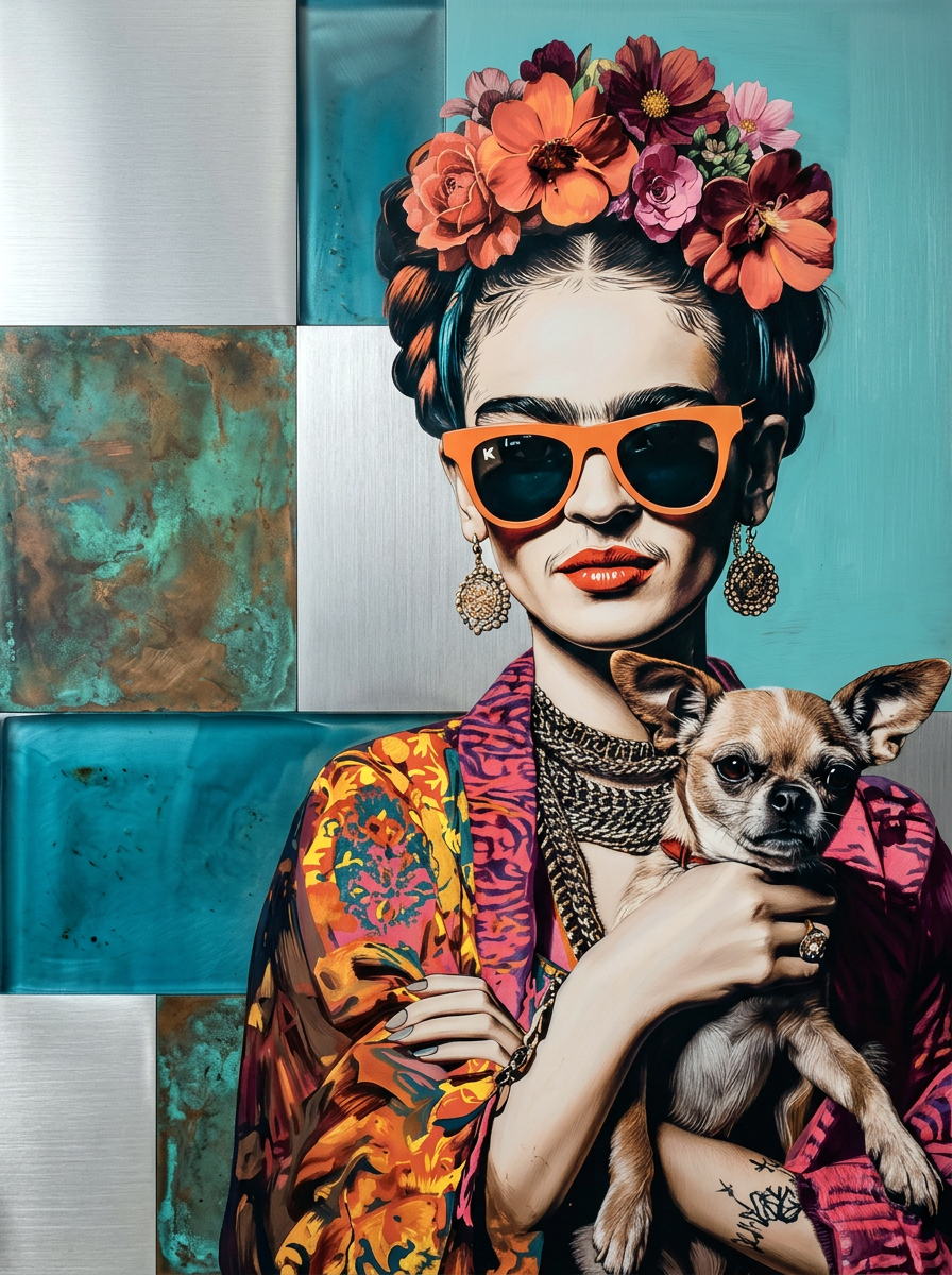 Frida met Chihuahua Chic wanddecoratie met speels portret van Frida en een chique chihuahua