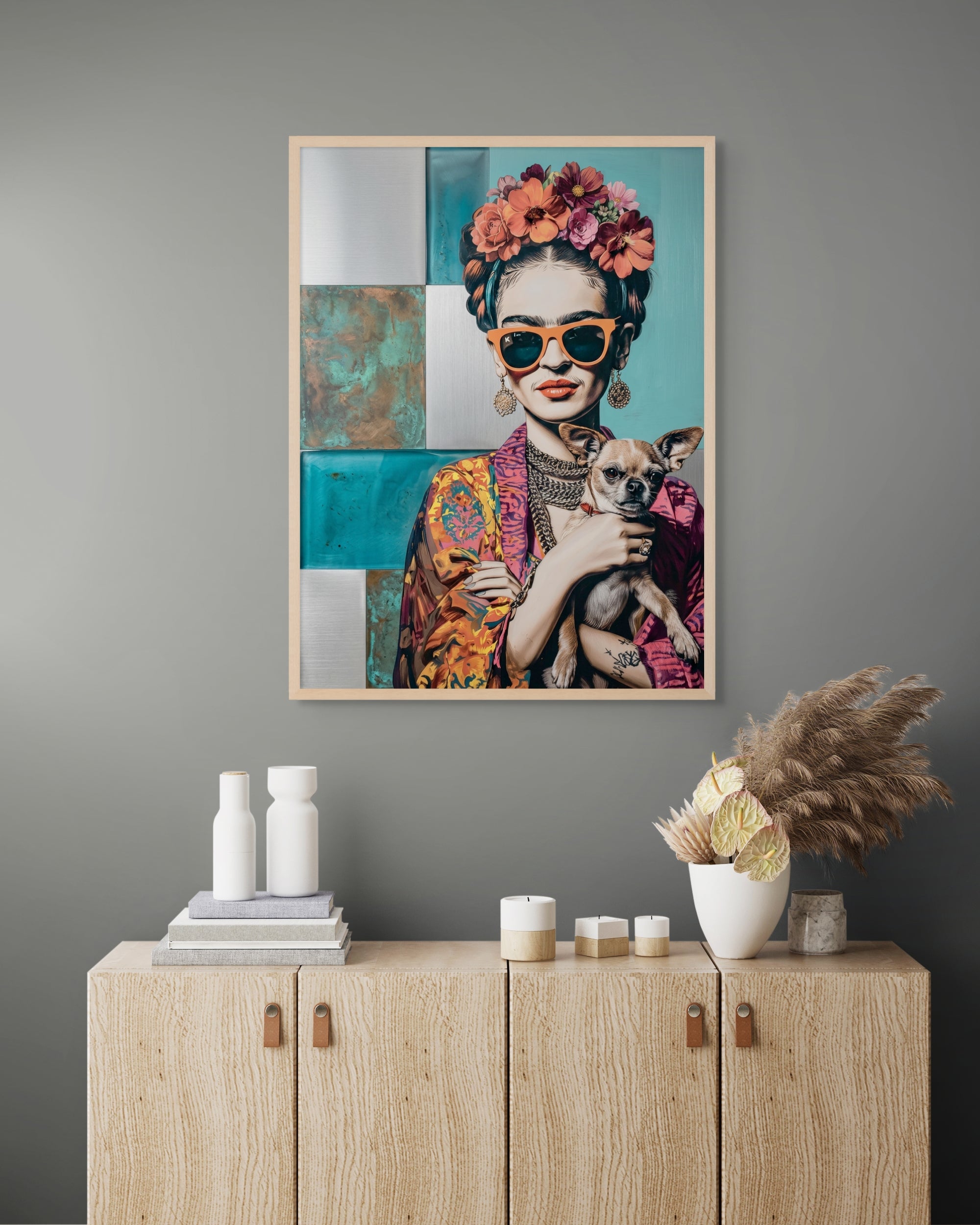 Frida Chihuahua Wanddecoratie – Kleurrijk Mexicaans Portret Canvas Print