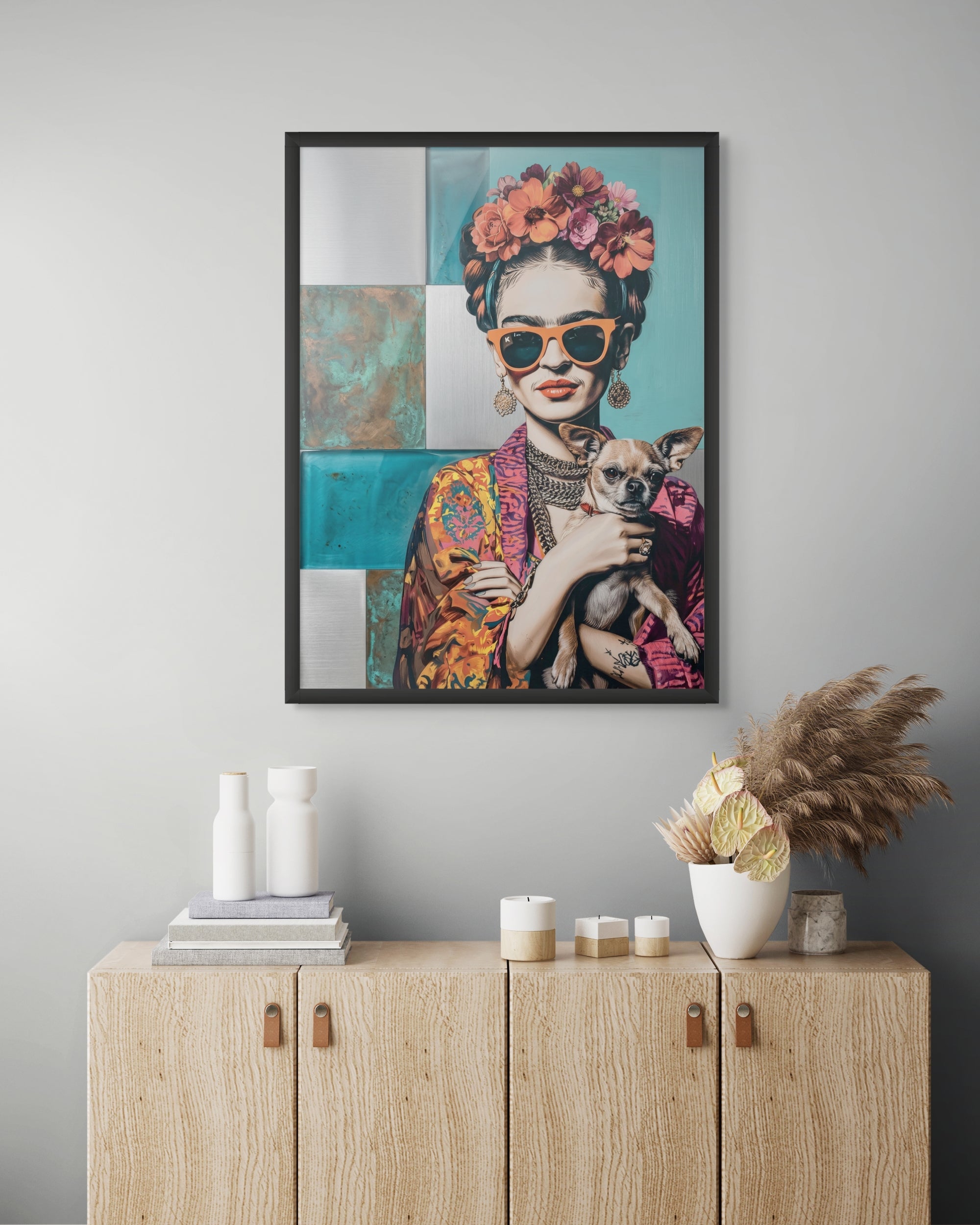 Frida Chihuahua Wanddecoratie – Kleurrijk Mexicaans Portret Canvas Print