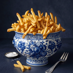 Patat op Delfts Blauw wanddecoratie met portie patat in klassiek Delfts blauw