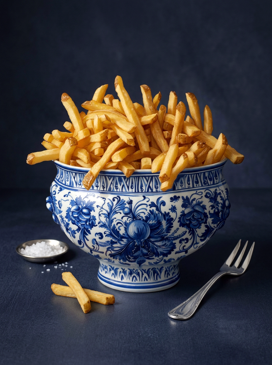 Patat op Delfts Blauw wanddecoratie met portie patat in klassiek Delfts blauw