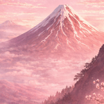 Fuji in Suikerspinlucht wanddecoratie met berg Fuji onder zachtroze suikerspinhemel