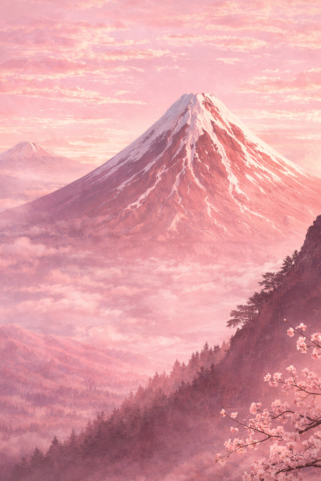 Fuji in Suikerspinlucht wanddecoratie met berg Fuji onder zachtroze suikerspinhemel