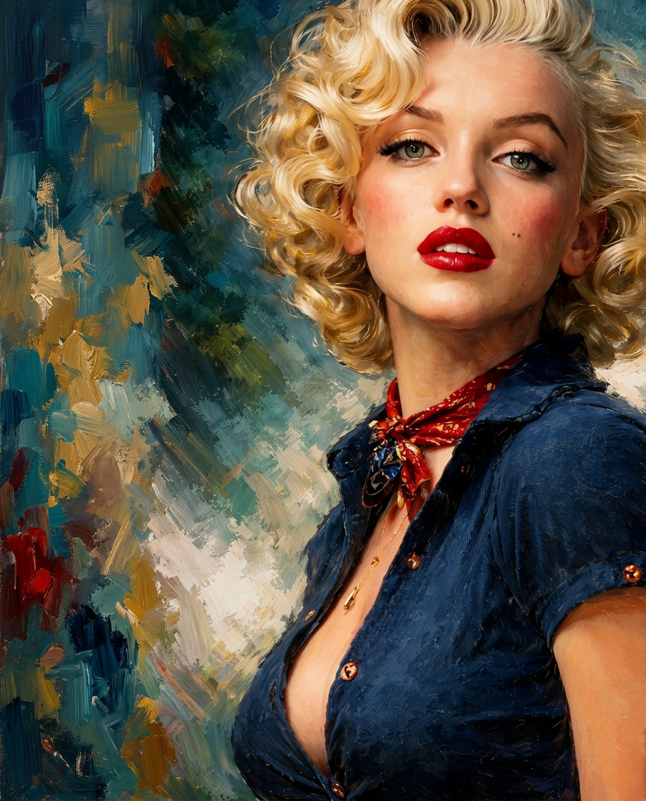 Blond en Blauw Verleiding wanddecoratie met portret in blond- en blauwtinten