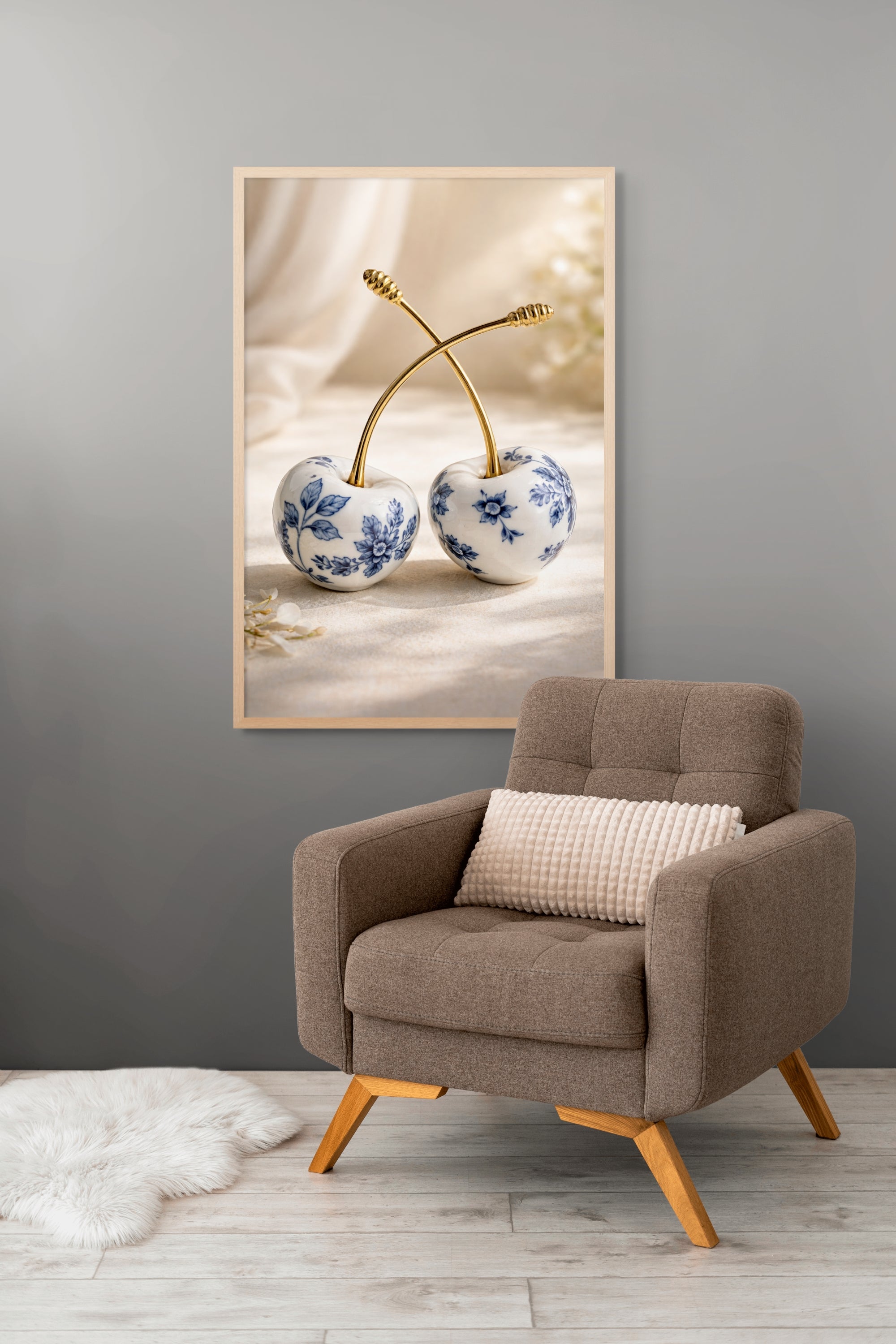 Delfts Blauw Kersen Wanddecoratie Goud – Elegante Canvas of Aluminium Print