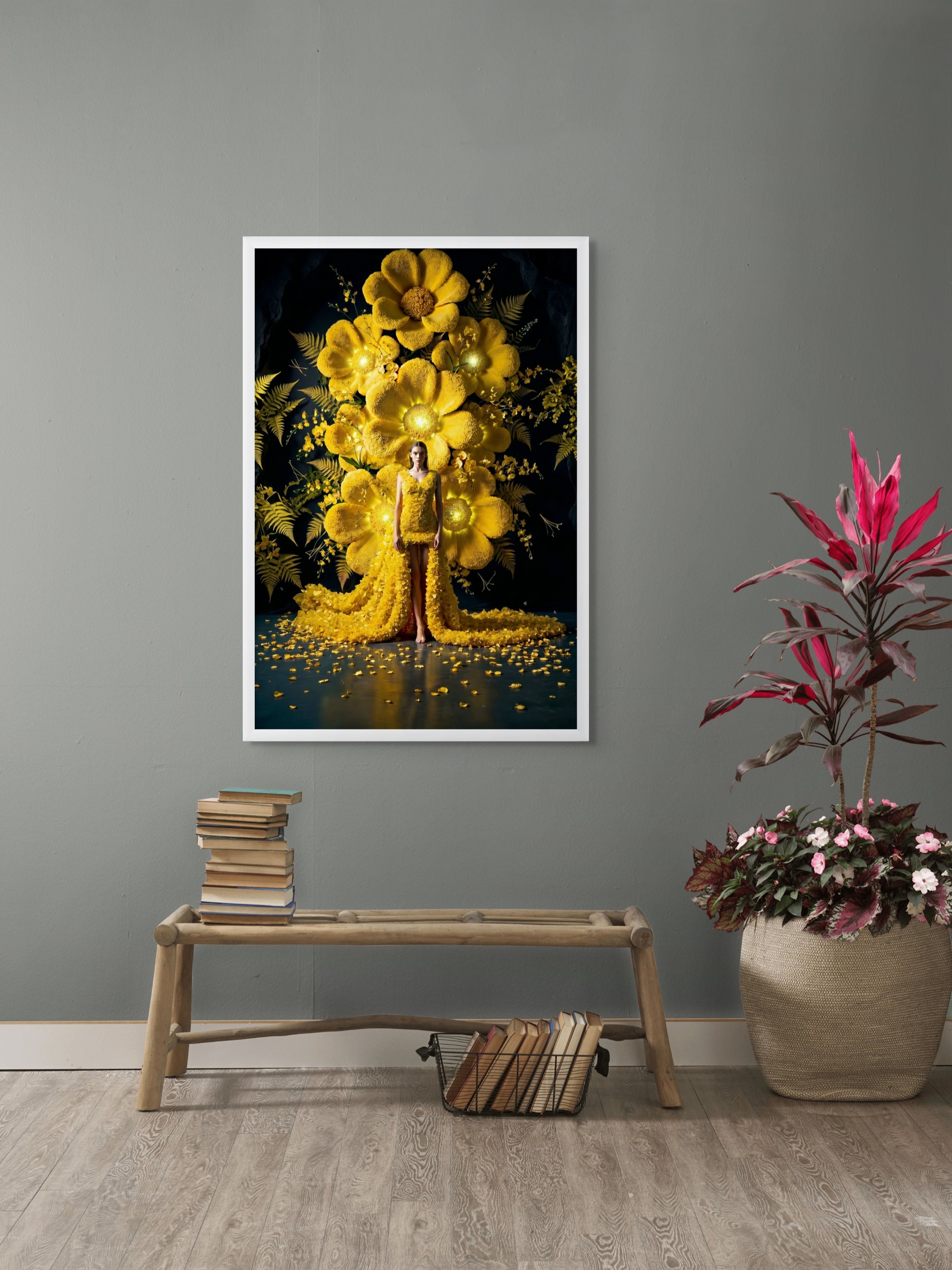Goldene Blüte bei Nacht – Wandbild auf Leinwand, Aluminium oder Poster