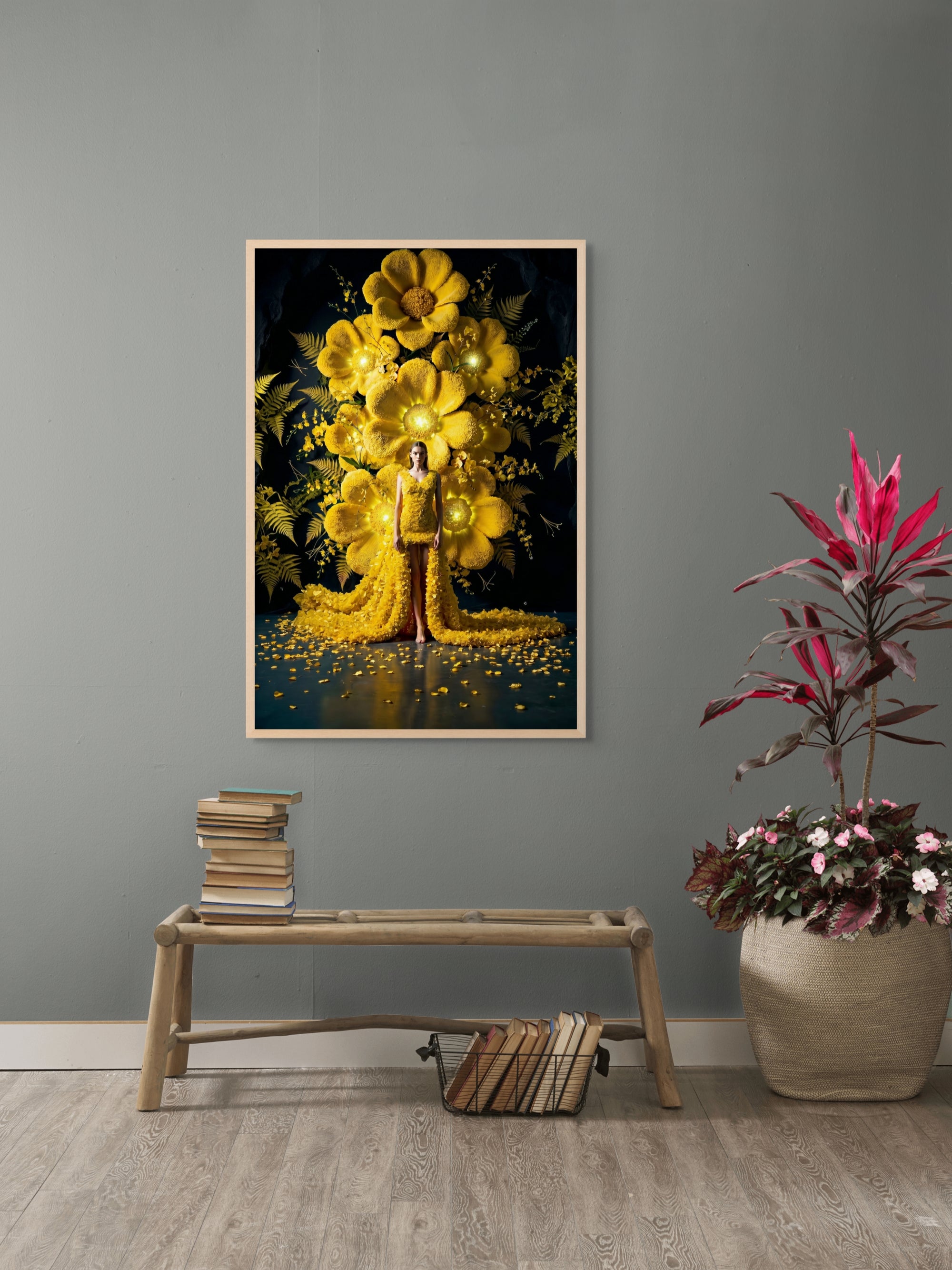 Goldene Blüte bei Nacht – Wandbild auf Leinwand, Aluminium oder Poster