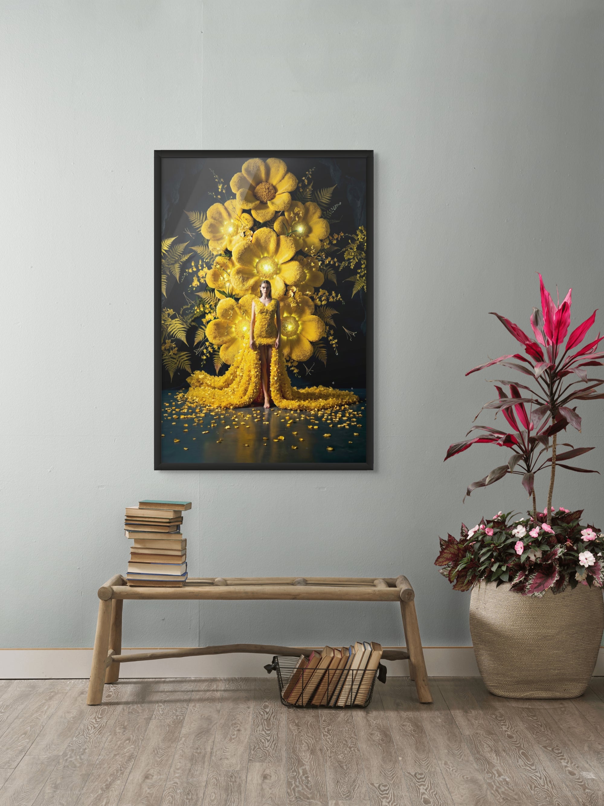 Goldene Blüte bei Nacht – Wandbild auf Leinwand, Aluminium oder Poster