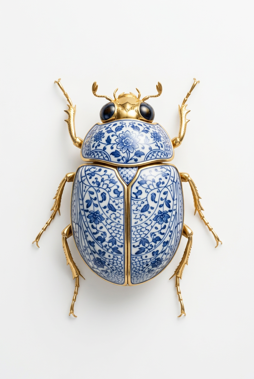 Gouden Keverblauw wanddecoratie met glanzende kever in goud- en blauwtinten