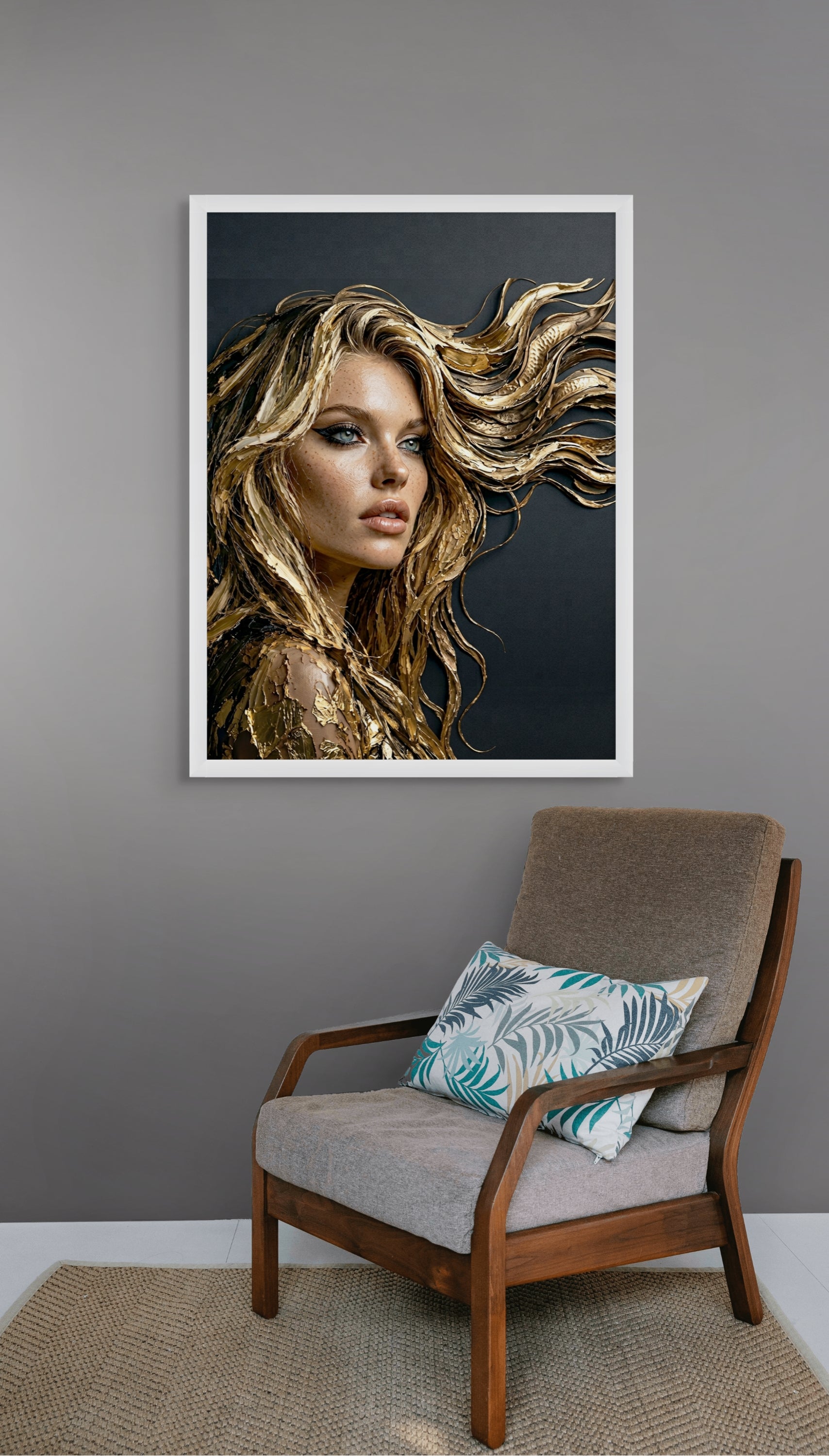 Abstract Portret Wanddecoratie Goud – Modern Schilderij Canvas of Aluminium