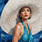 Ivory Halo – olieverfportret van een vrouw met grote witte zonnehoed en turquoise jurk tegen kobaltblauw, wanddecoratie