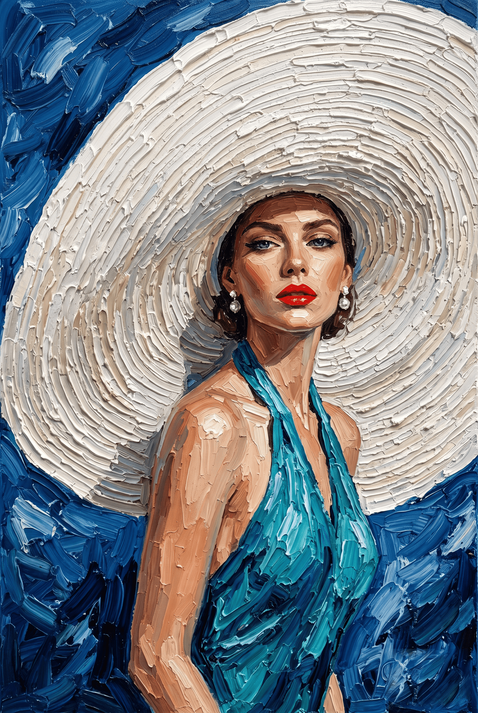 Ivory Halo – olieverfportret van een vrouw met grote witte zonnehoed en turquoise jurk tegen kobaltblauw, wanddecoratie