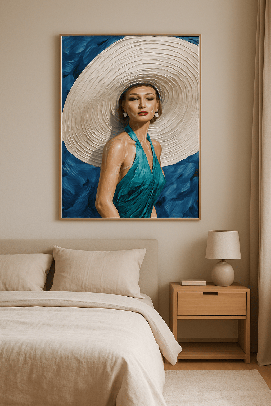 Ivory Halo boven het bed in een lichte slaapkamer | ArtifyCanvas