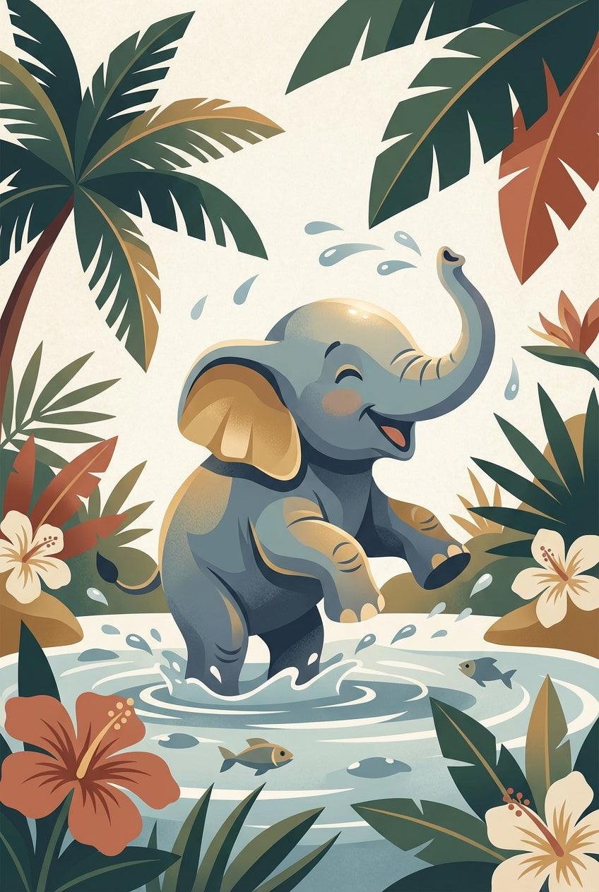 Junglepret met Slurfje wanddecoratie met schattig olifantje in een speelse jungle