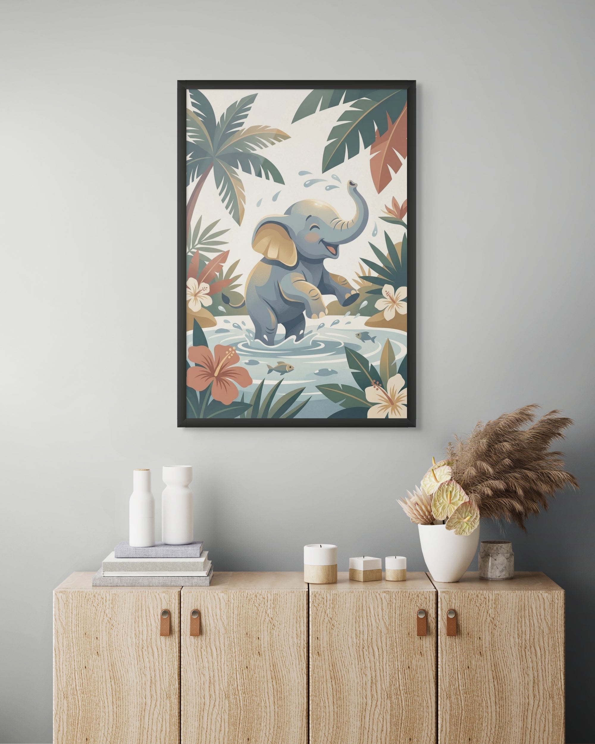 Jungle Olifantje Wanddecoratie – Tropisch Kinderkamer Canvas Print