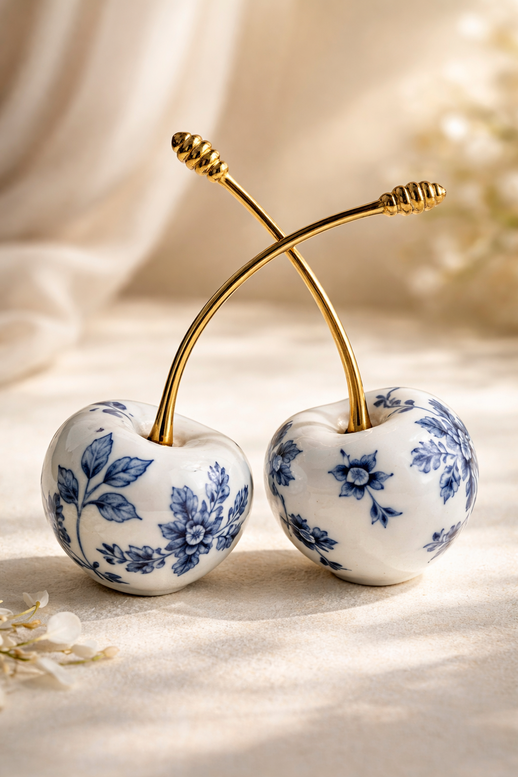 Golden Delft Cherries wanddecoratie met kersen in Delfts blauw en gouden accenten