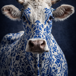 Delft Blue Cow Portrait wanddecoratie met koeienportret in klassiek Delfts blauw